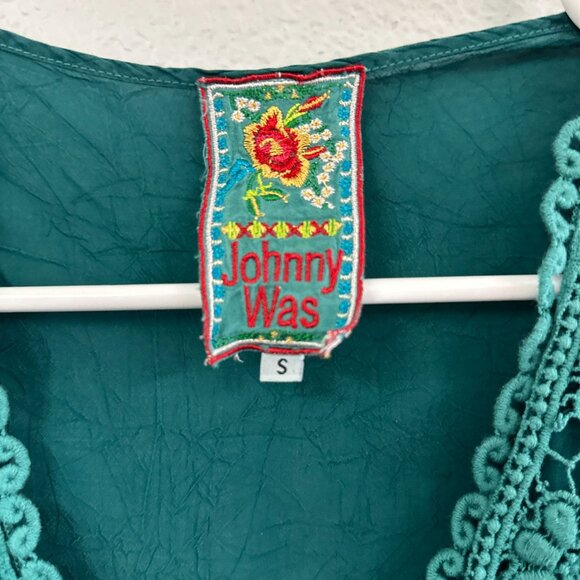 Johnny Was Teal Rayon Embroidered Floral Lace Size Small Tunic Blouse Shirt - Picture 5 of 6